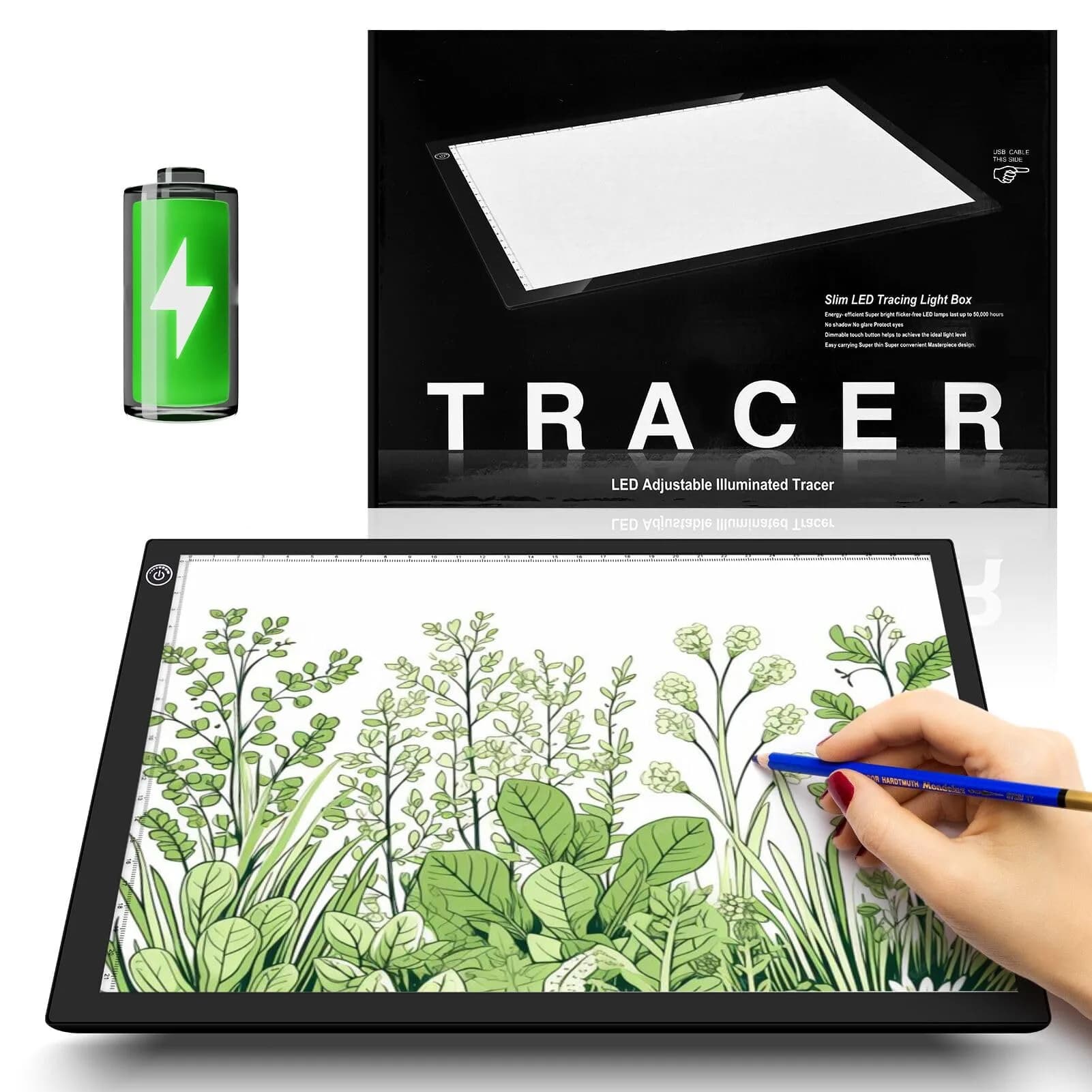 ME456 A4 LED Light Box 36 cm (14") Light Pad with USB Power | Flicker-Free Tracing Table for Artists — Black