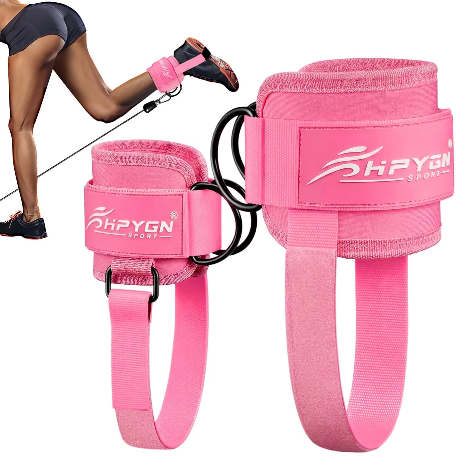 HPYGN Adjustable Ankle Strap for Cable Machine, Gym Ankle Cuffs for Glute Kickbacks & Leg Extensions (Pink, Pair)