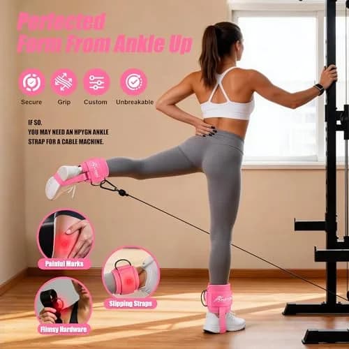 HPYGN Adjustable Ankle Strap for Cable Machine, Gym Ankle Cuffs for Glute Kickbacks & Leg Extensions (Pink, Pair) thumbnail 3