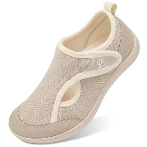 LeIsfIt Women's Adjustable Diabetic Slippers Wide Fit Beige Size 9 (27.89 cm / 10.98 in) | Comfortable Indoor Outdoor House Shoes thumbnail 1