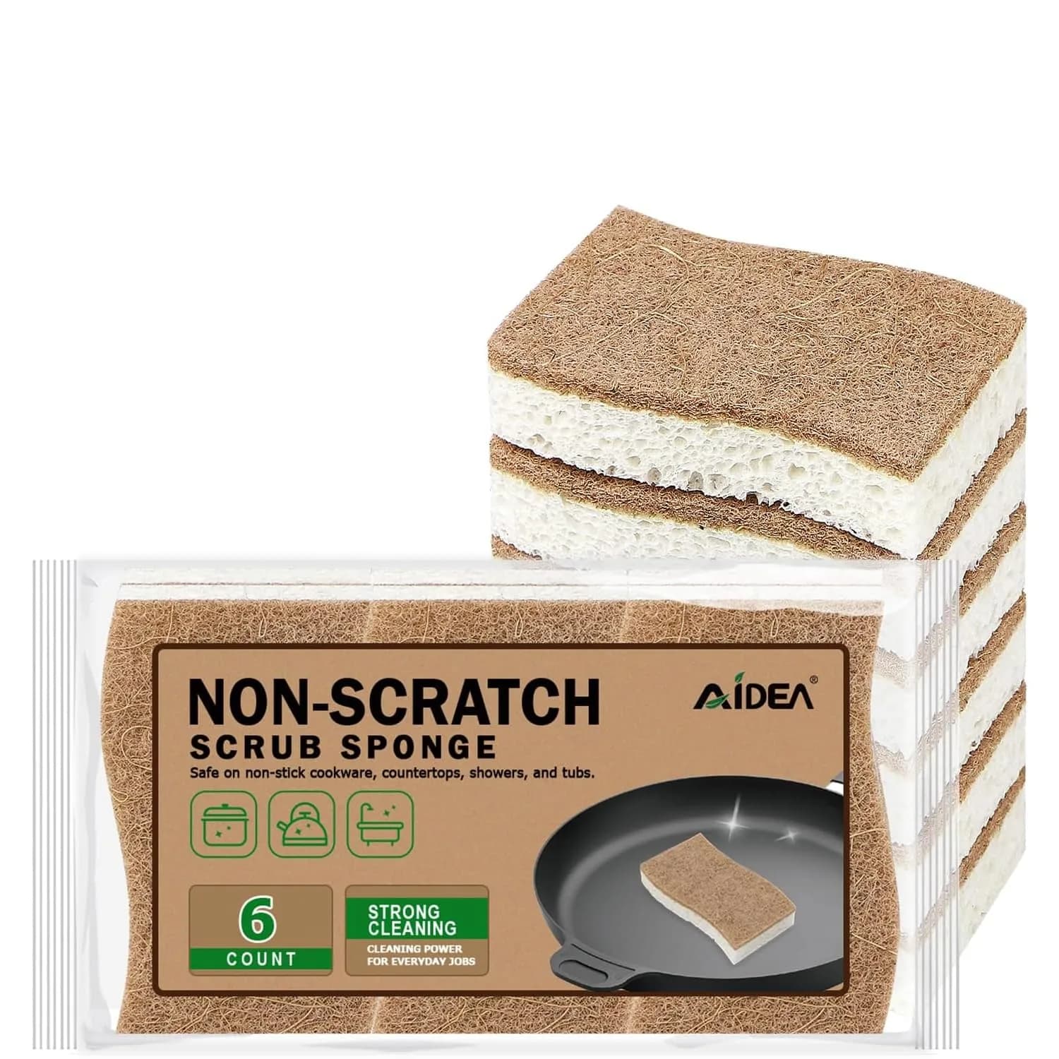 AIDEA Natural Cellulose & Sisal Fiber Sponges, 6-Count Pack | Eco-Friendly Kitchen Cleaning Power