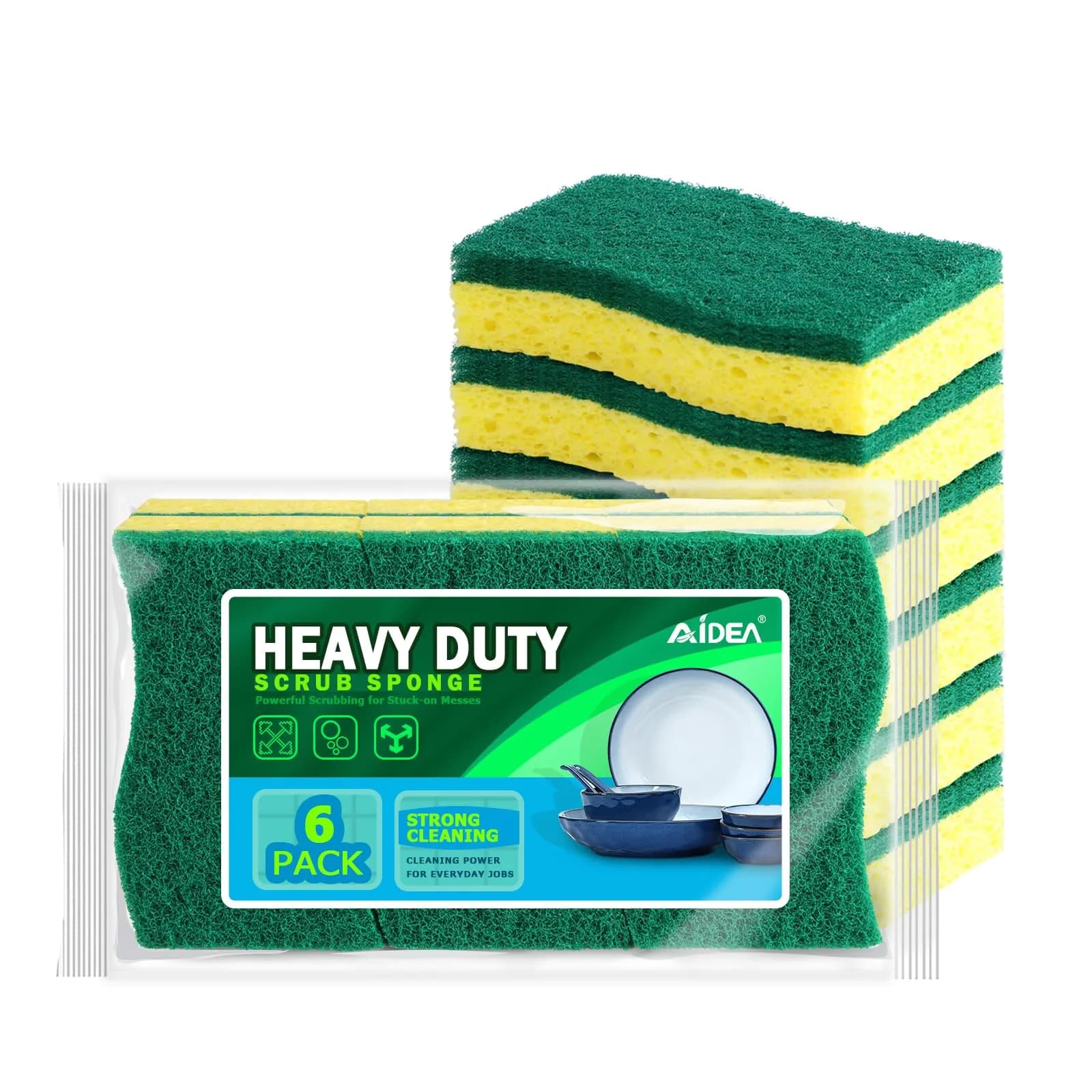 AIDEA Heavy Duty Scrub Sponges 6 Count (156g total) | Natural Cellulose for Dishes & Kitchen Cleaning
