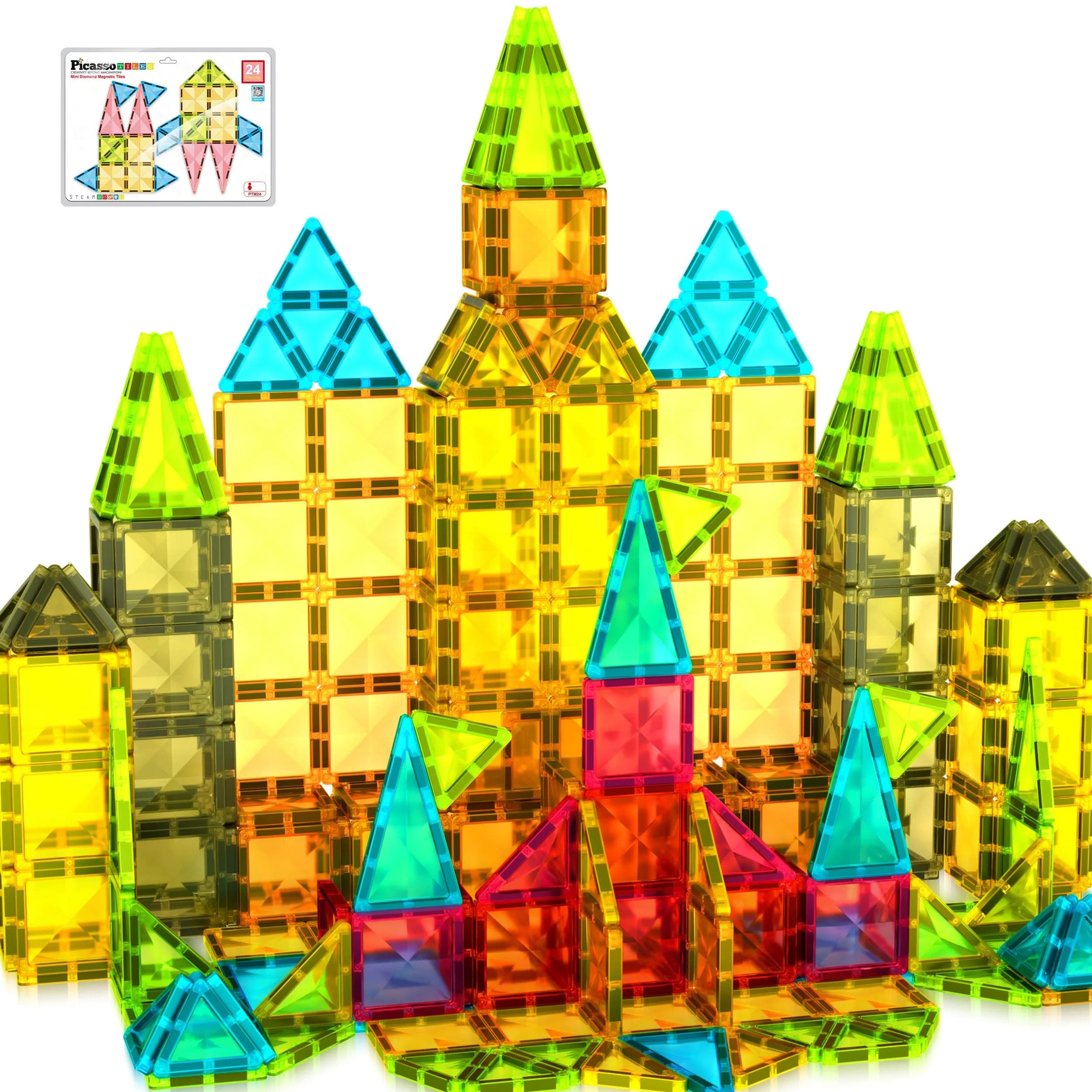 PicassoTiles 60 pcs Mini Magnetic Tiles | Compact Travel-Friendly STEM Building Blocks for Kids 3+ — Mini 24pcs