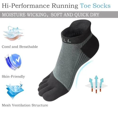 VWELL Cotton Toe Socks Five Finger Socks No Show Crew Athletic Running Socks 4 Pairs,Size 7-11 | Moisture Wicking & Breathable thumbnail 3