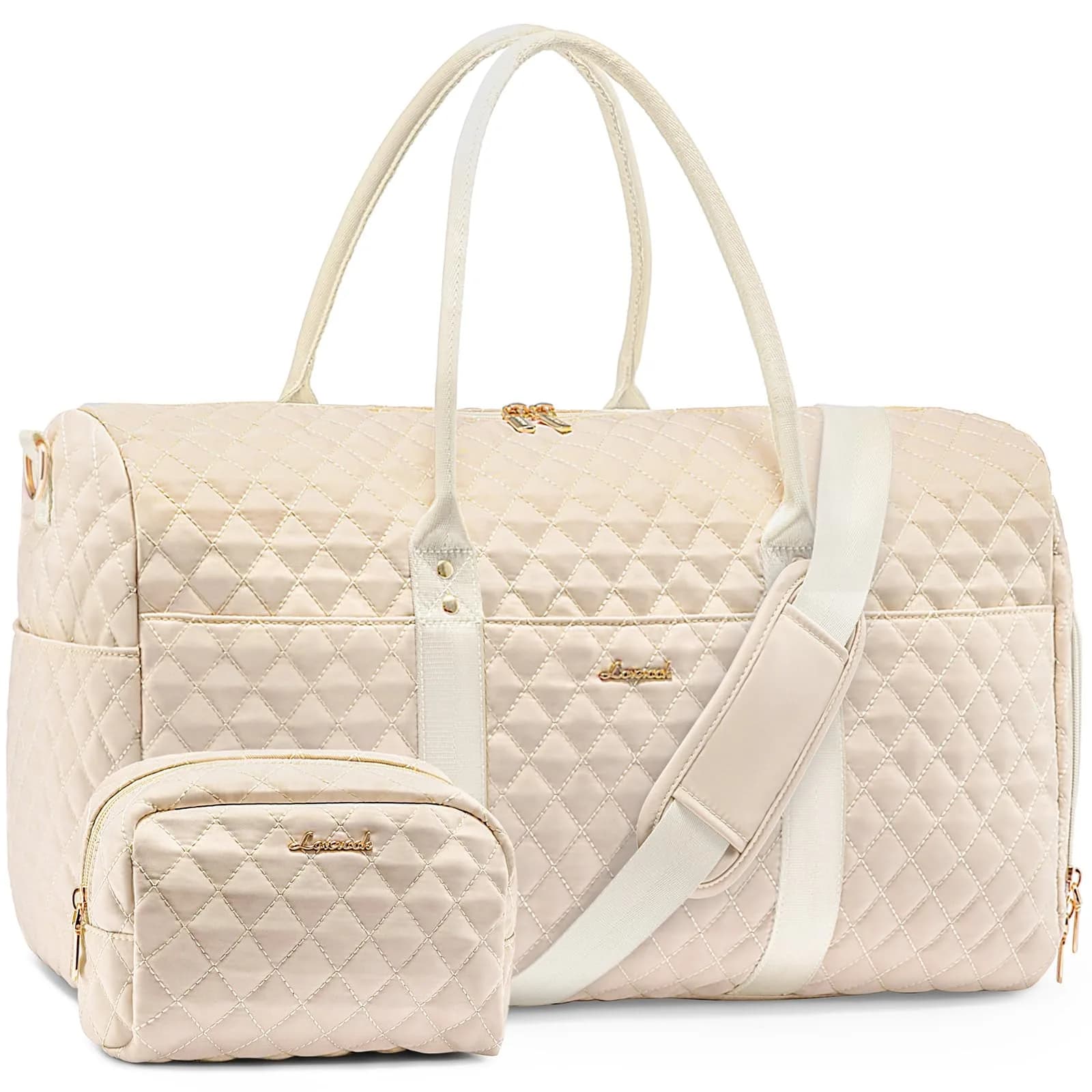 LOVEVOOK Quilted Travel Duffle Bag with Shoe Compartment & Toiletry Bag | Carry-On Weekender for Women — Pink Beige / Large - 2 Pieces