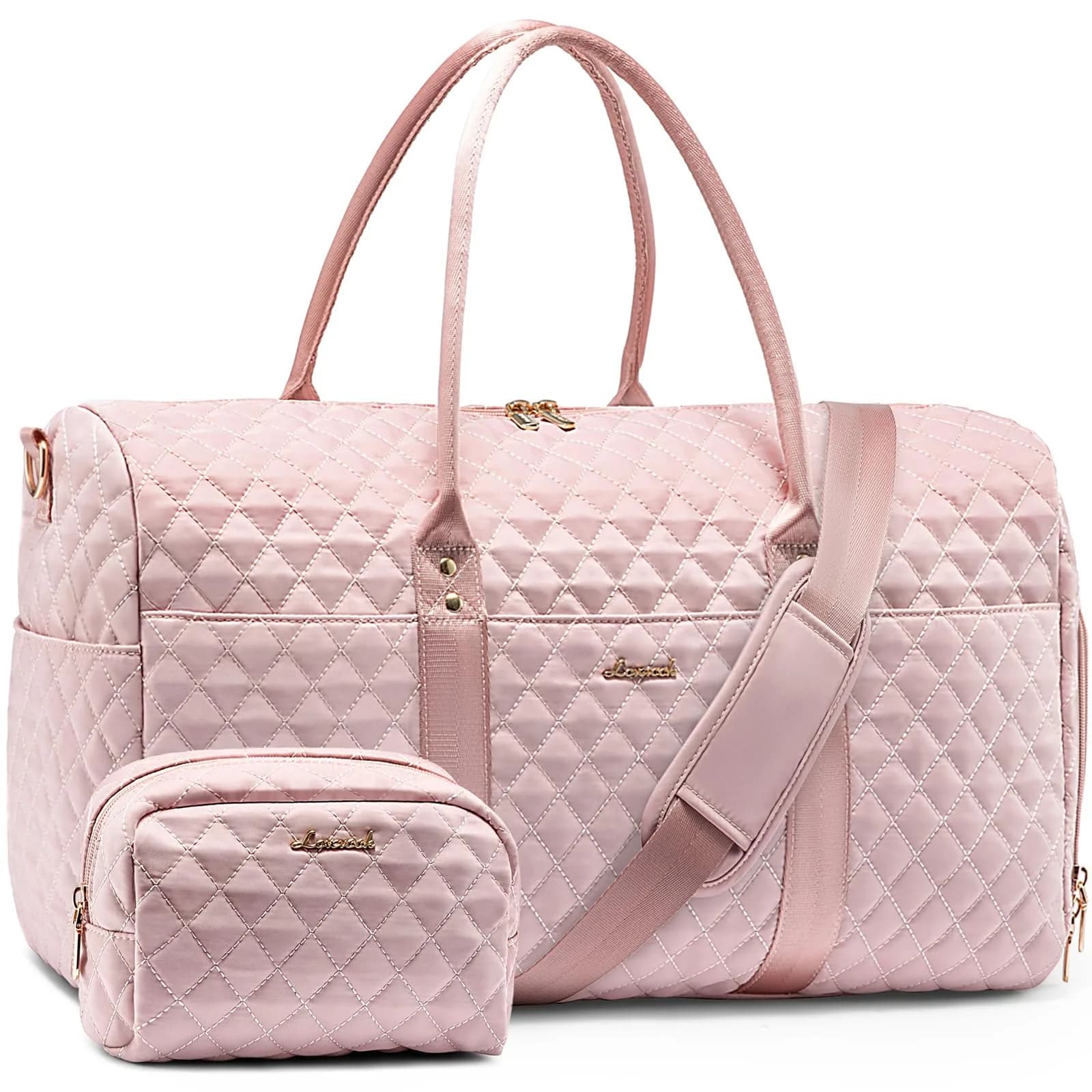 LOVEVOOK Quilted Travel Duffle Bag with Shoe Compartment & Toiletry Bag | Carry-On Weekender for Women — Pink / Large - 2 Pieces