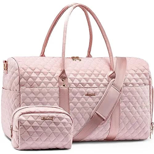 LOVEVOOK Quilted Travel Duffle Bag with Shoe Compartment & Toiletry Bag | Pink Nylon Weekender for Women, 54cm (21.5") thumbnail 1
