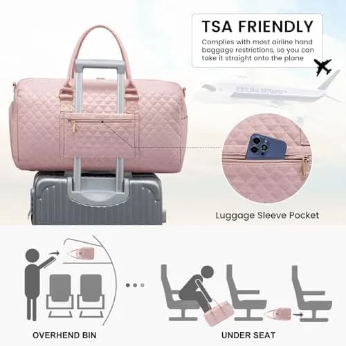 LOVEVOOK Quilted Travel Duffle Bag with Shoe Compartment & Toiletry Bag | Pink Nylon Weekender for Women, 54cm (21.5") thumbnail 4