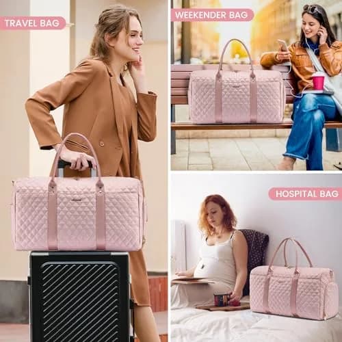 LOVEVOOK Quilted Travel Duffle Bag with Shoe Compartment & Toiletry Bag | Pink Nylon Weekender for Women, 54cm (21.5") thumbnail 6