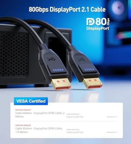 Cable Matters VESA Certified 80Gbps DisplayPort 2.1 Cable 1m (3.3ft) | Supports 16K 60Hz, 8K 240Hz, 4K 240Hz thumbnail 2