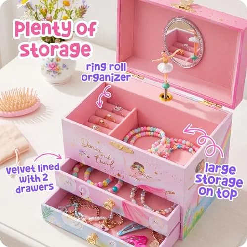 Giggle & Honey Musical Ballerina Jewelry Box for Girls, 16.9cm x 13.5cm x 15.2cm (6.75 x 5.25 x 6 in) | Twirling Ballerina Music Box for Kids Ages 3-10 thumbnail 7