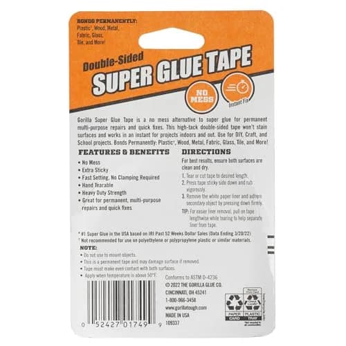 GORILLA Super Glue Tape High Tack Double Sided Clear 5/8in x 20ft | Permanent Adhesive for Wood, Metal, Fabric, Glass, Tile, Plastic thumbnail 6