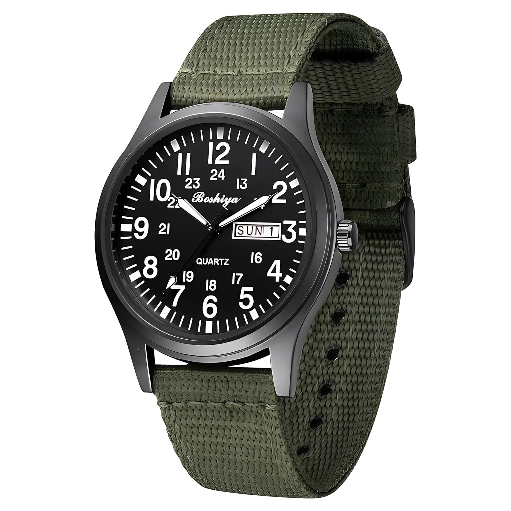 BOSHIYA Men's Military Quartz Watch 40mm (1.57 Inch) | Japanese Movement, Date Display, Waterproof Nylon Strap — army green-White