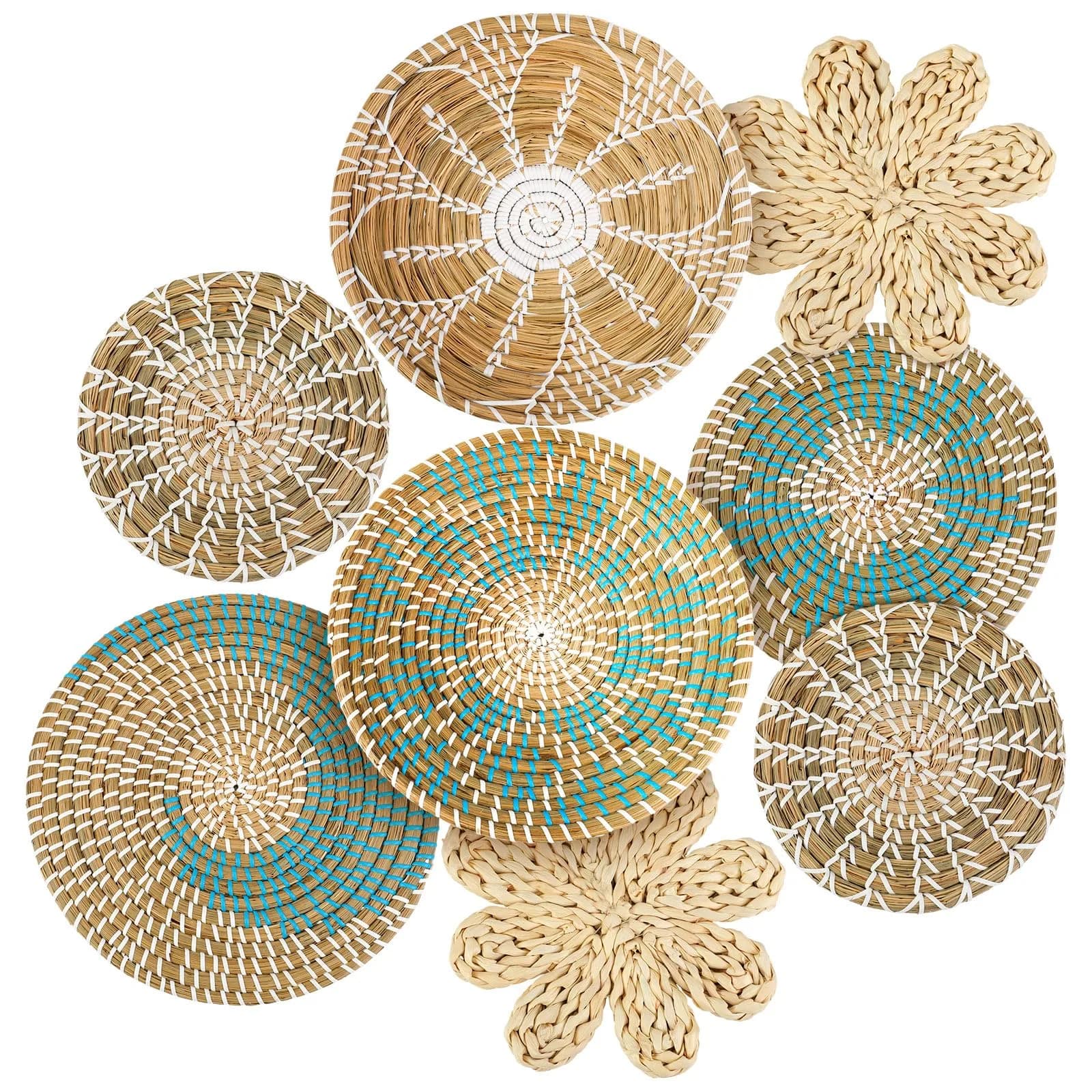 Xuhal 8 Pcs Boho Wall Basket Decor Rustic Farmhouse Summer | Handwoven Seagrass Wall Art — classic color
