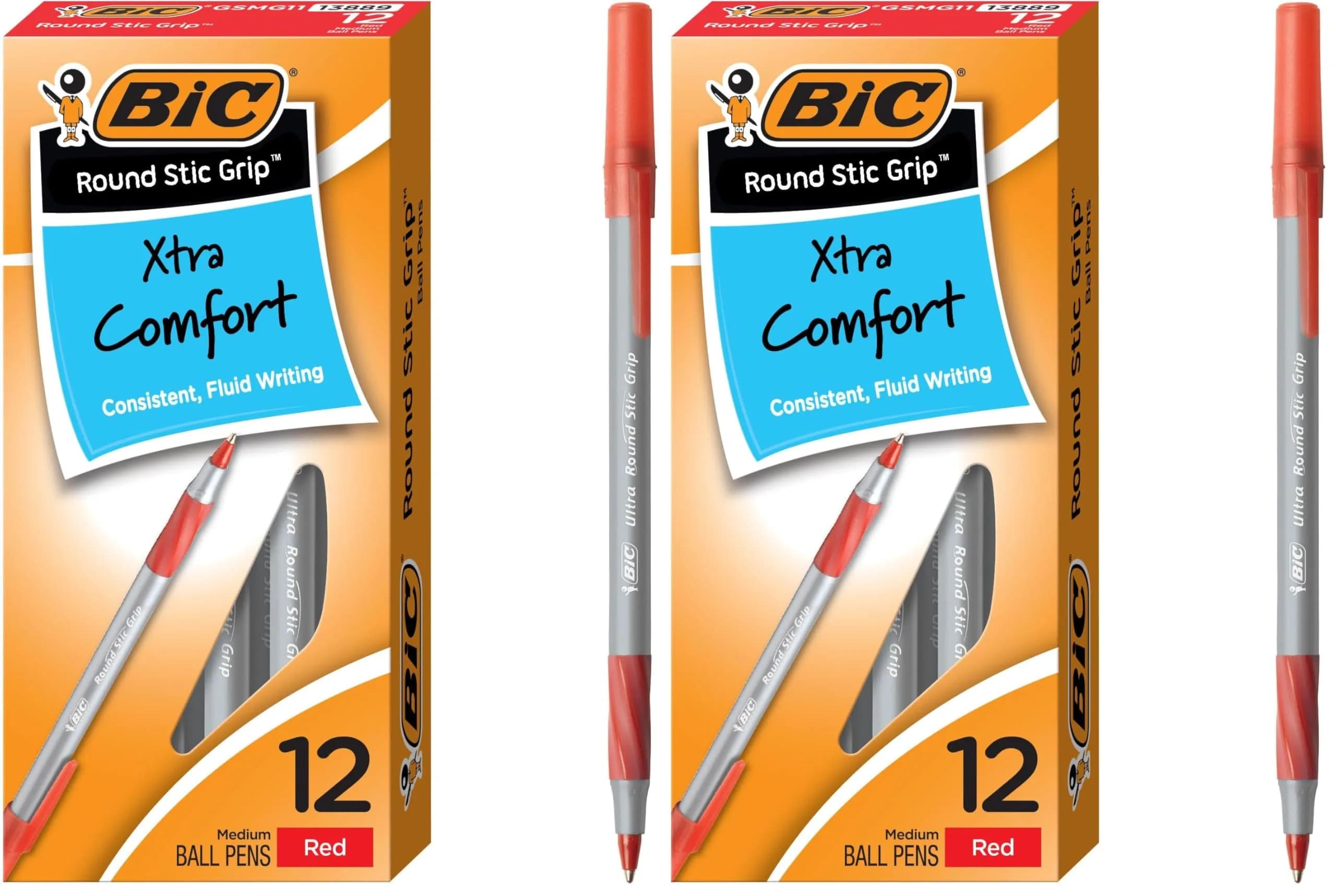 BIC Round Stic Grip Xtra Comfort Black Ballpoint Pens, Medium Point (1.2mm), 12-Count Pack | Smooth Ink Flow — Red