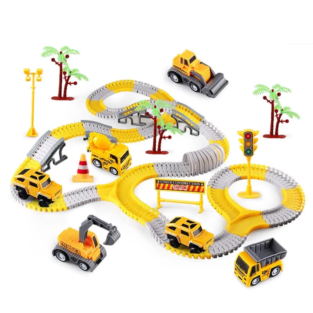 KEXBOVT 305PCS Construction Race Tracks for Kids, 2 Electric Toy Cars, 4 Construction Cars | DIY Flexible Track Set