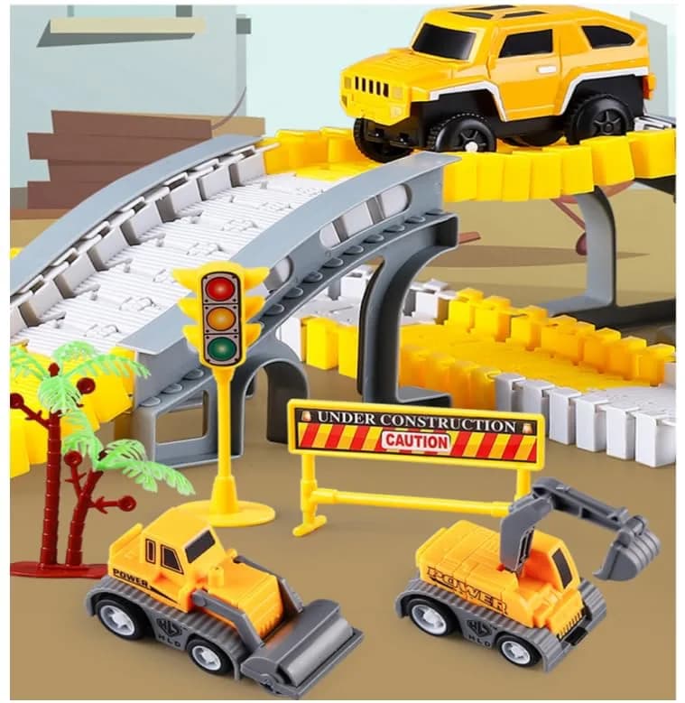 KEXBOVT 305PCS Construction Race Tracks for Kids, 2 Electric Toy Cars, 4 Construction Cars | DIY Flexible Track Set thumbnail 3