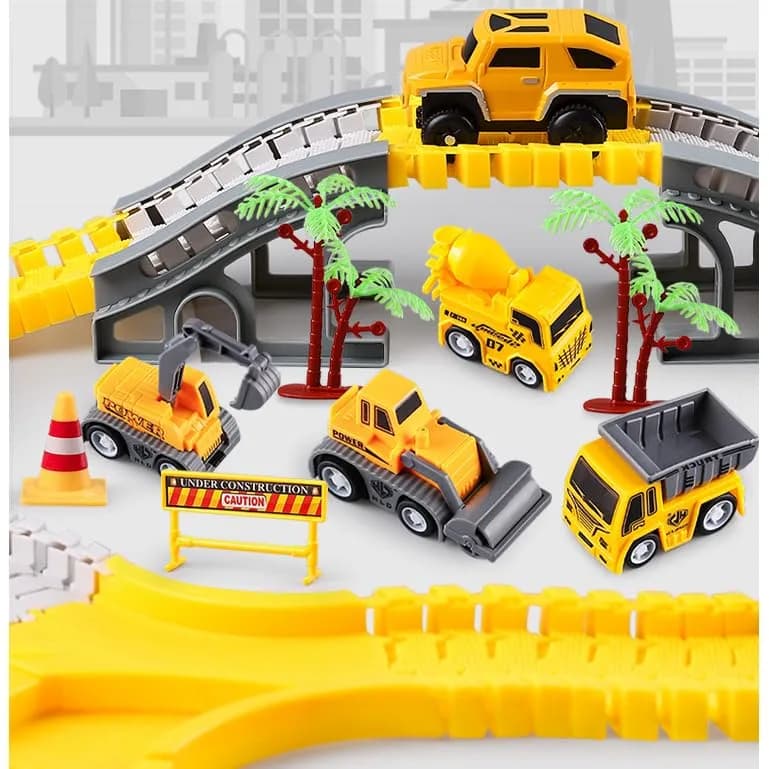 KEXBOVT 305PCS Construction Race Tracks for Kids, 2 Electric Toy Cars, 4 Construction Cars | DIY Flexible Track Set thumbnail 6