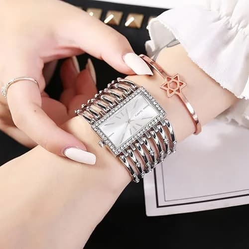 Dacdyi Silver Women's Quartz Watch | Elegant Crystal Accented Square Dial (7.68 inch, alloy) thumbnail 6