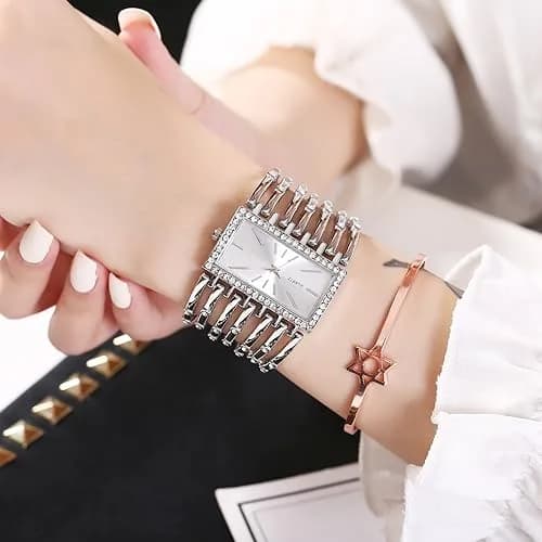 Dacdyi Silver Women's Quartz Watch | Elegant Crystal Accented Square Dial (7.68 inch, alloy) thumbnail 7