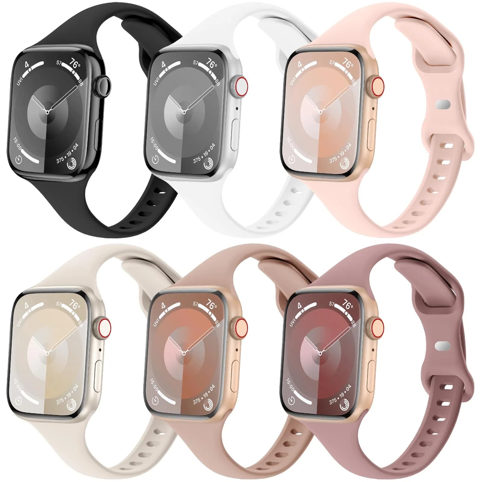 Eilesuny Slim Thin Bands Compatible with Apple Watch 38mm 40mm 41mm 42mm 44mm 45mm 46mm 49mm | 6 Pack Silicone Sport Strap for iWatch Series 11/10/9/8/7/6/5/4/3/2/1 Ultra SE — Black/Starlight/Milk Tea/White/Pink Sand/Smoke Violet