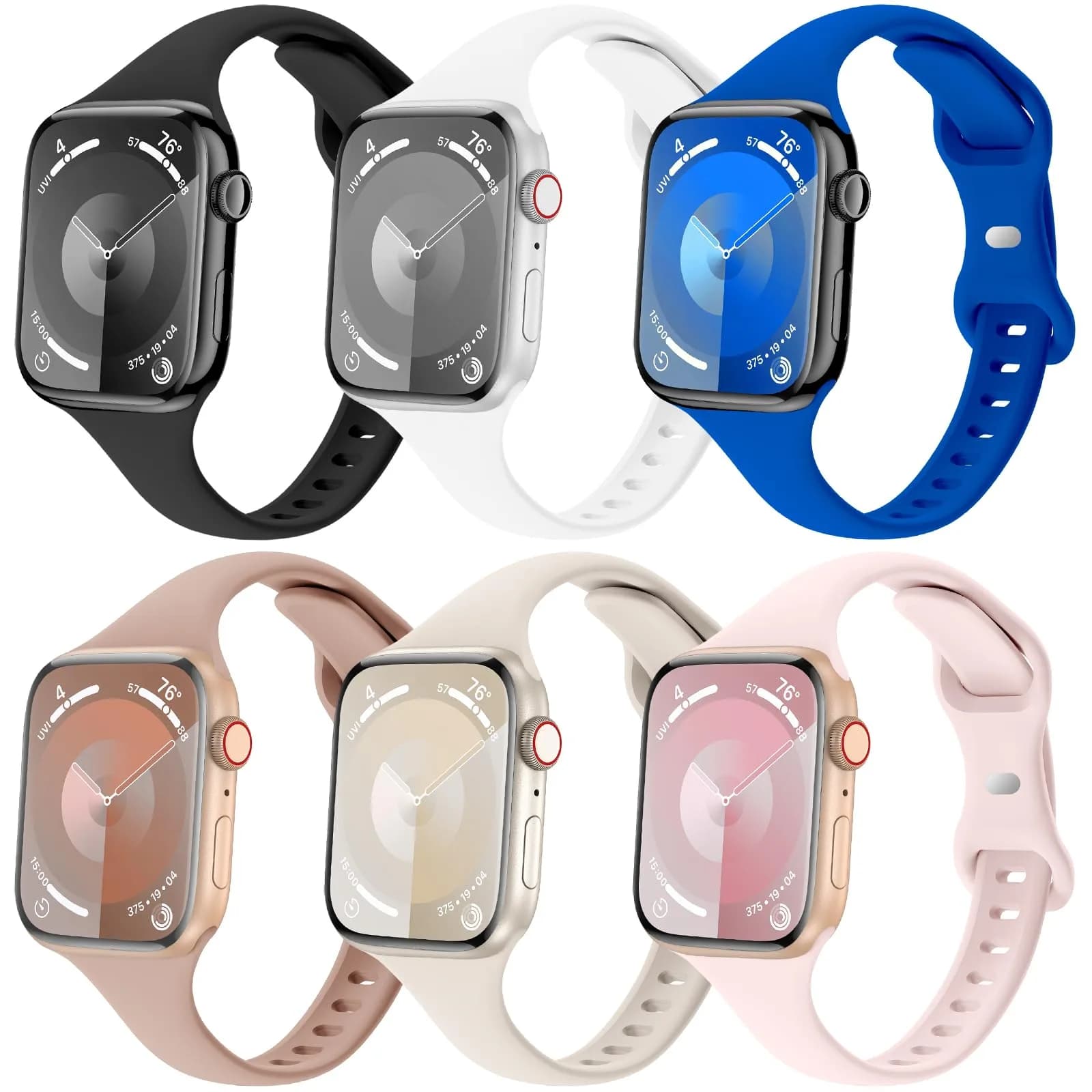 Eilesuny Slim Thin Bands Compatible with Apple Watch 38mm 40mm 41mm 42mm 44mm 45mm 46mm 49mm | 6 Pack Silicone Sport Strap for iWatch Series 11/10/9/8/7/6/5/4/3/2/1 Ultra SE — Black/White/Klein Blue/Milk Tea/Starlight/Light Pink