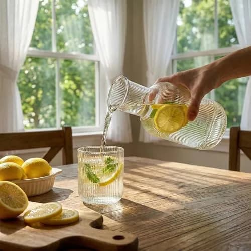 Bekith 2 Set 25 OZ (740 ml) Bedside Night Water Carafe with Tumbler Glass | Vertical Stripes Clear Glass Carafe for Bedroom Guest Room Nightstand, Mouthwash Decanter for Bathroom, Water Pitcher Set (4-Piece) thumbnail 5