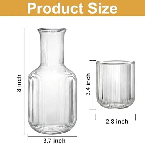 Bekith 2 Set 25 OZ (740 ml) Bedside Night Water Carafe with Tumbler Glass | Vertical Stripes Clear Glass Carafe for Bedroom Guest Room Nightstand, Mouthwash Decanter for Bathroom, Water Pitcher Set (4-Piece) thumbnail 2