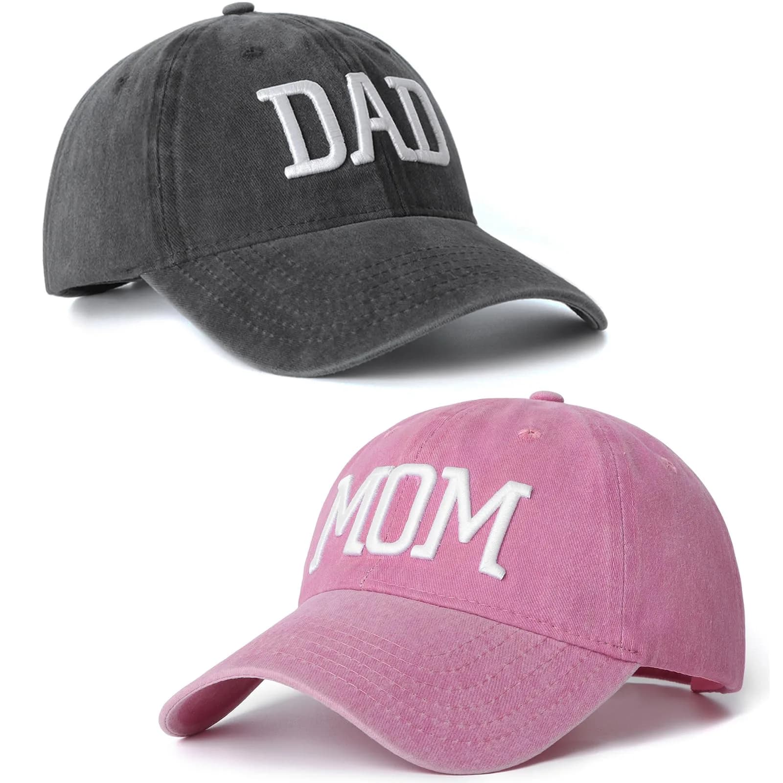 Aeonda Mom and Dad Hats Set of 2 Pcs Adjustable Washed Cotton 3D Embroidered Baseball Caps | Black Red — Black Dad Hat and Pink Mom Hat