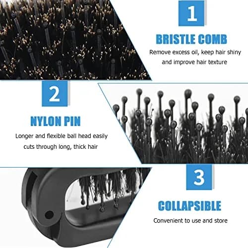 Ancable 2Pcs Folding Hair Brush with Boar Bristle & Nylon Needles, Black | Detangles & Smooths Hair thumbnail 2