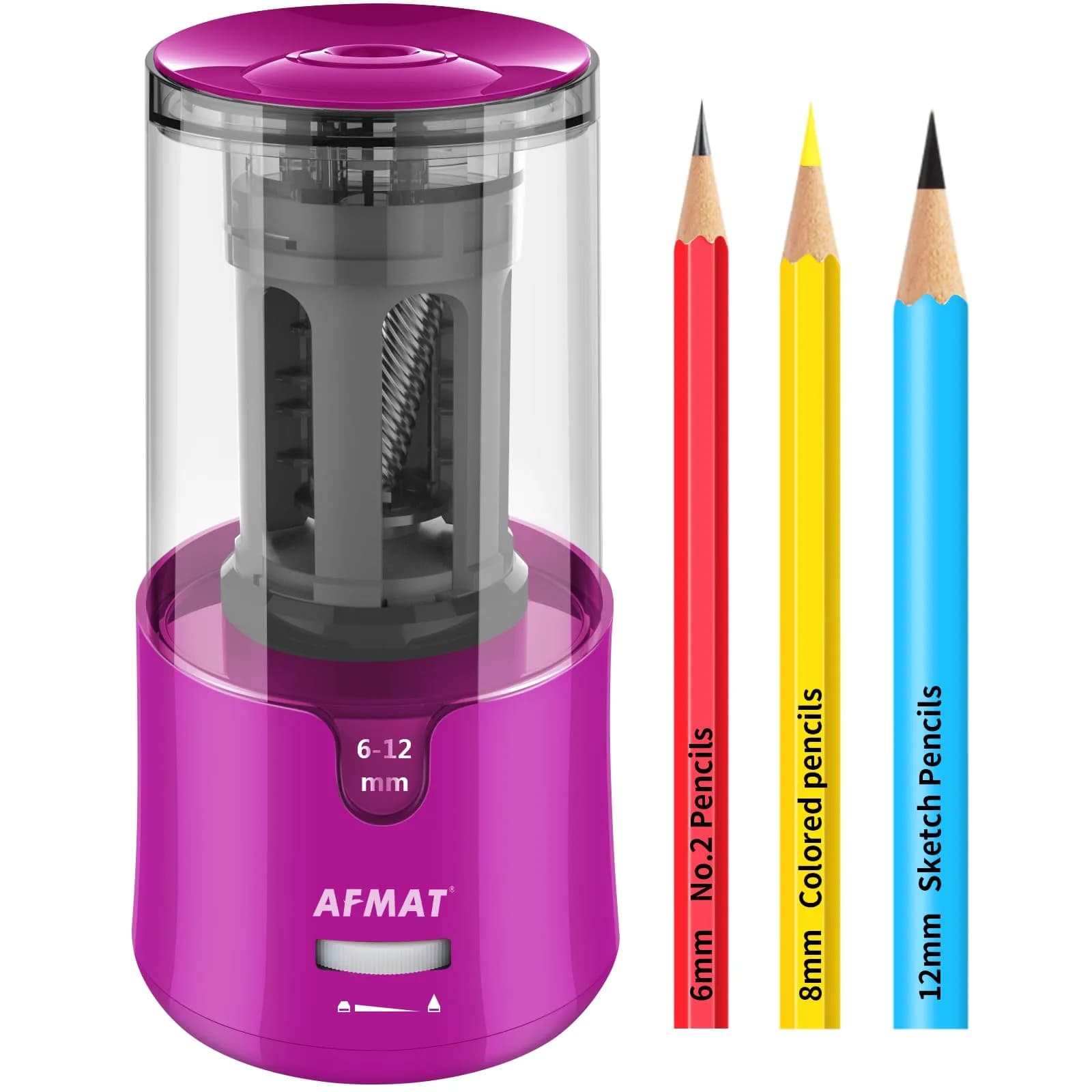 AFMAT Electric Pencil Sharpener Green | Auto Stop, Fast Sharpening, 6-12mm Pencils, Plug-in, 2 Sharpness Settings | 19cm (7.5in) — Rose Red