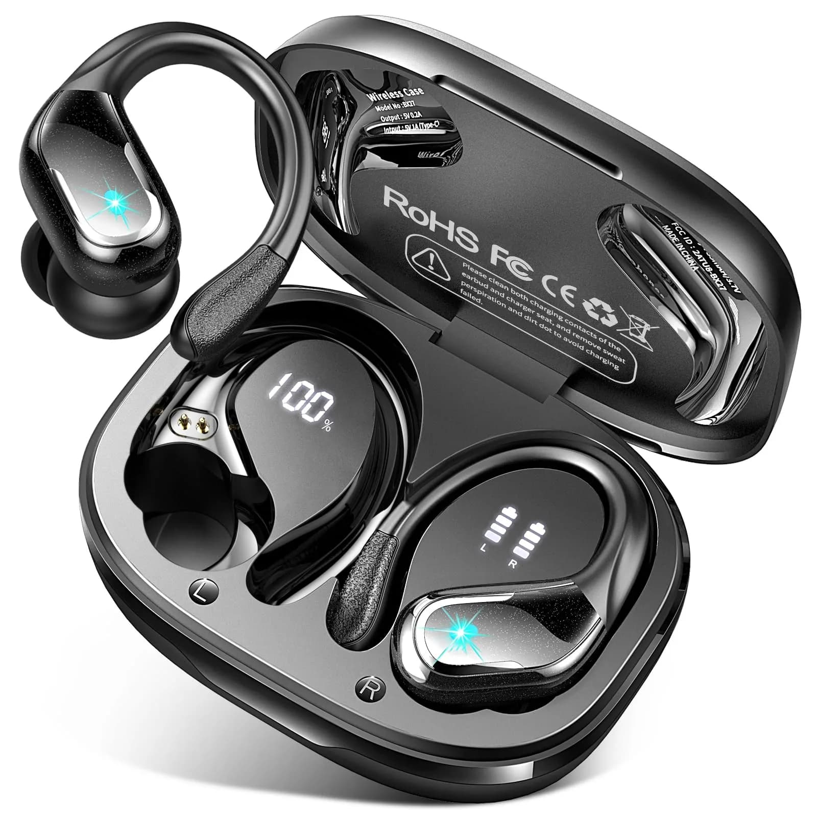 Ltinist Wireless Earbuds with Earhooks, 75Hrs Playtime, IP7 Waterproof, ENC Noise Cancelling, Bluetooth 5.4, Deep Bass (Black) - main product image