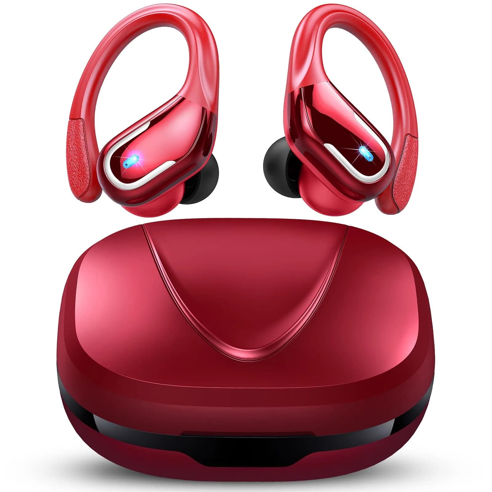 Ltinist Wireless Earbuds with Earhooks, 75Hrs Playtime, IP7 Waterproof, ENC Noise Cancelling, Bluetooth 5.4, Deep Bass (Black) — Dark red