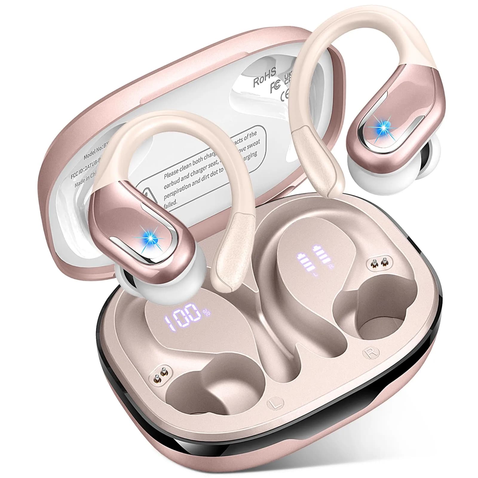 Ltinist Wireless Earbuds with Earhooks, 75Hrs Playtime, IP7 Waterproof, ENC Noise Cancelling, Bluetooth 5.4, Deep Bass (Black) — Rose Gold