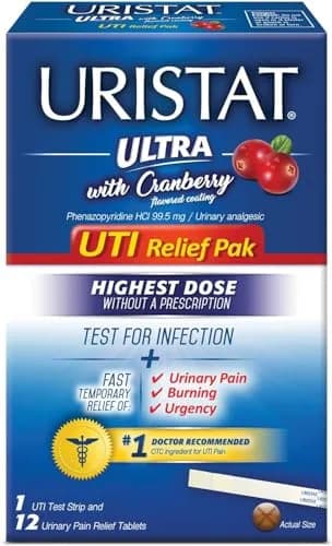 URISTAT Ultra UTI Relief Pack | 1 UTI Test Strip & 12 Tablets | Cranberry Flavor | Pack of 2 thumbnail 1