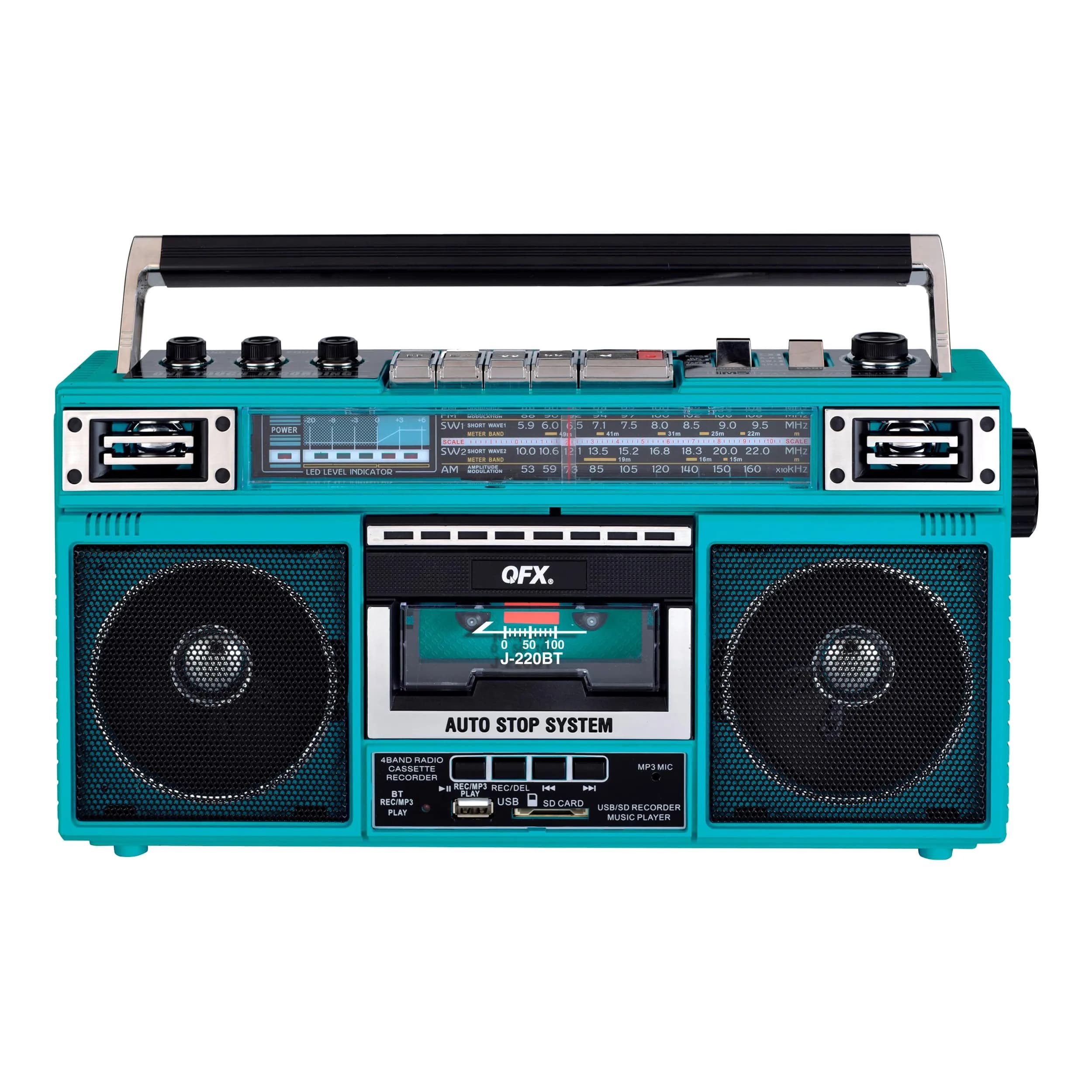 QFX Retro Bluetooth Boombox Cassette Tape Player Recorder J-220BT Aqua | Portable AM/FM/SW Radio & USB MP3 Player - main product image