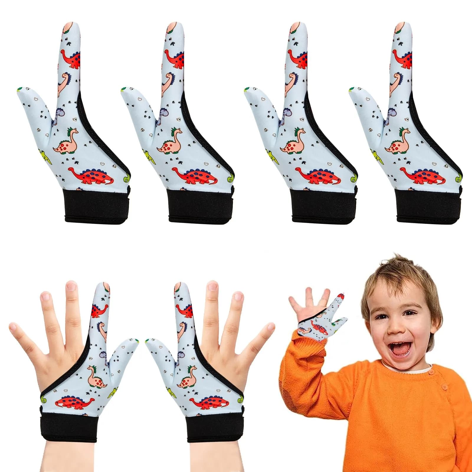 Yxmeiguo Kids Thumb Sucking Guard Gloves 2 Pairs | Anti Nail Biting Finger Protector for Ages 5-12 — Colorful Dinosaur / One Size