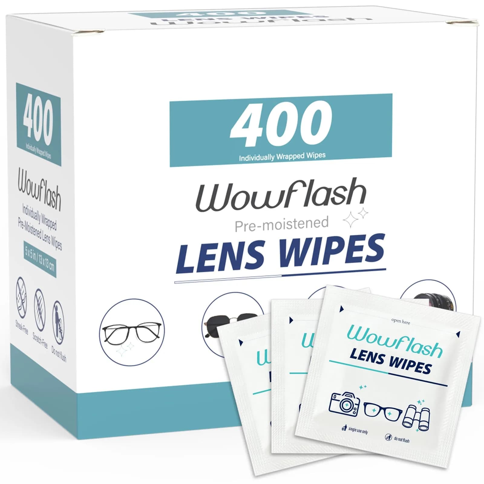 Wowflash Pre-Moistened Lens Wipes for Eyeglasses, 400 Count | Ammonia-Free, Streak-Free Cleaning