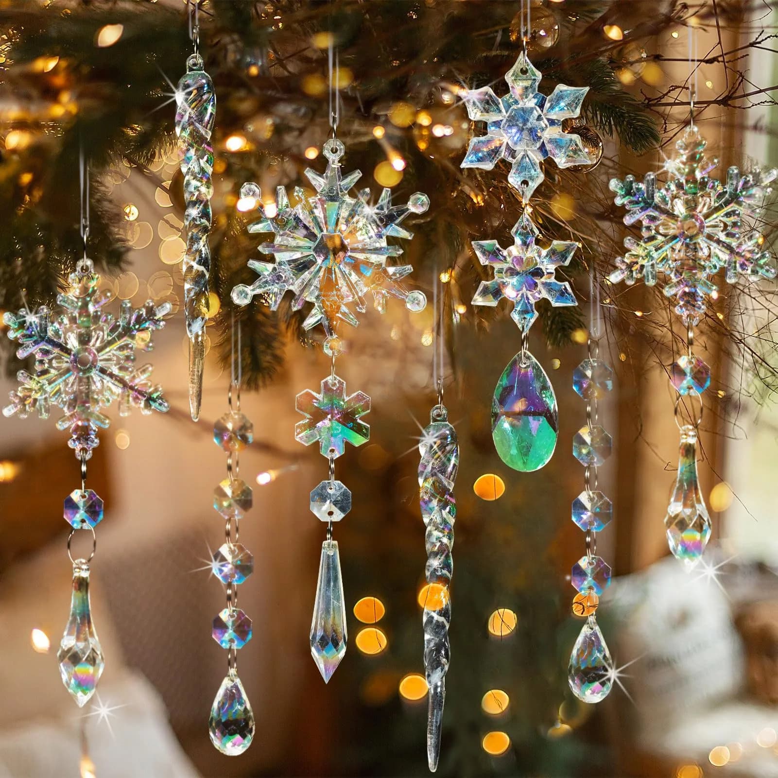 GuassLee Crystal Ornaments for Christmas Tree Winter Wonderland Decorations 20 pcs (18 Count) | Shatterproof Acrylic Hanging Pendants — 18 iridescent acrylic snowflake ornament