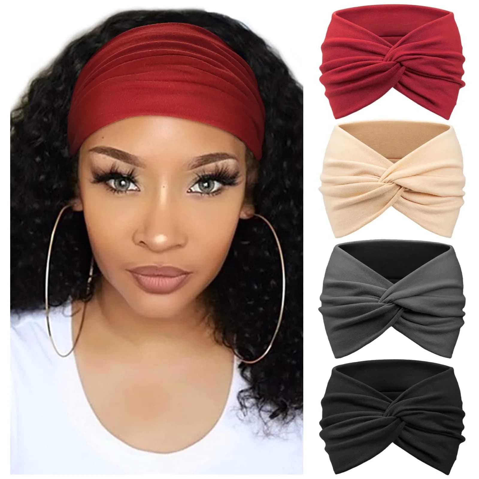AQOKKA Extra Wide Turban Headbands for Women | 18cm Width (7.1") — Red, Beige, Dark Grey, Black