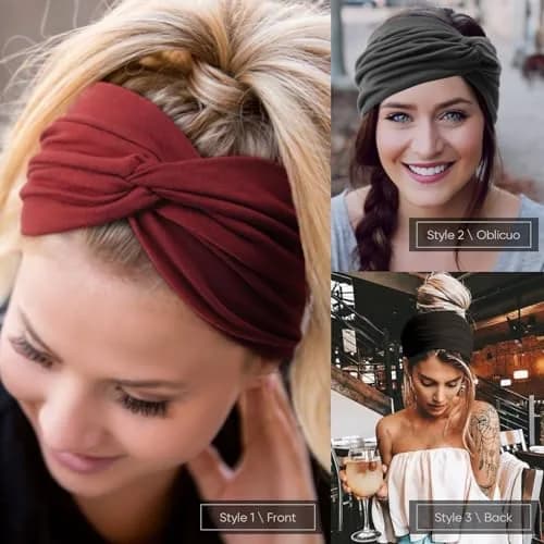 AQOKKA Extra Wide Turban Headbands for Women (4 Count, Red/Beige/Grey/Black) | Boho Elastic Hair Bands for Large Heads thumbnail 5
