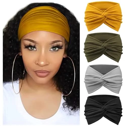 AQOKKA Extra Wide Turban Headbands for Women (4 Count, Yellow/Olive/Grey/Black) | Boho Elastic Hairband Accessories thumbnail 1