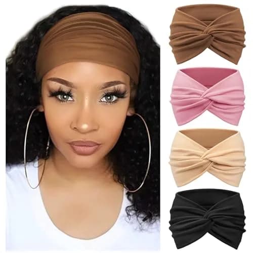AQOKKA Extra Wide Turban Headbands for Women Large Non Slip Boho Elastic Hairband Twisted Knot Accessories | 4 Count (Pack of 1) thumbnail 1