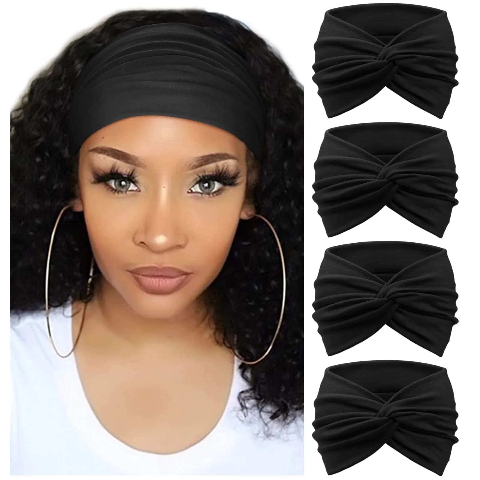 AQOKKA Extra Wide Turban Headbands for Women Large Non Slip Boho Elastic Hairband Twisted Knot Accessories | 4 Count (Pack of 1) — Plain Black