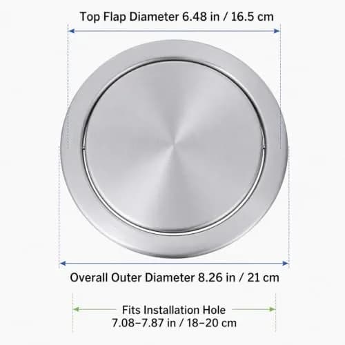 Cabilock Recessed Countertop Trash Bin Lid, Stainless Steel, Silent Swing, 21x21cm | Space-Saving Kitchen & Bathroom Cover thumbnail 4
