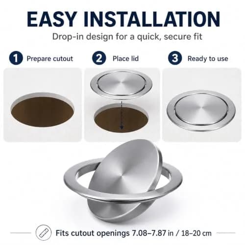 Cabilock Recessed Countertop Trash Bin Lid, Stainless Steel, Silent Swing, 21x21cm | Space-Saving Kitchen & Bathroom Cover thumbnail 9