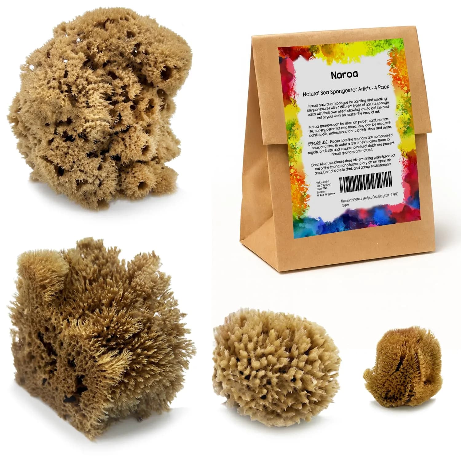 Naroa Artist Natural Sea Sponges for Painting 4 Pack | Unique Tool Set Unbleached | Great for Artists & Children | Acrylic, Watercolor, Marbling, Texturing, Pottery, Ceramics - main product image