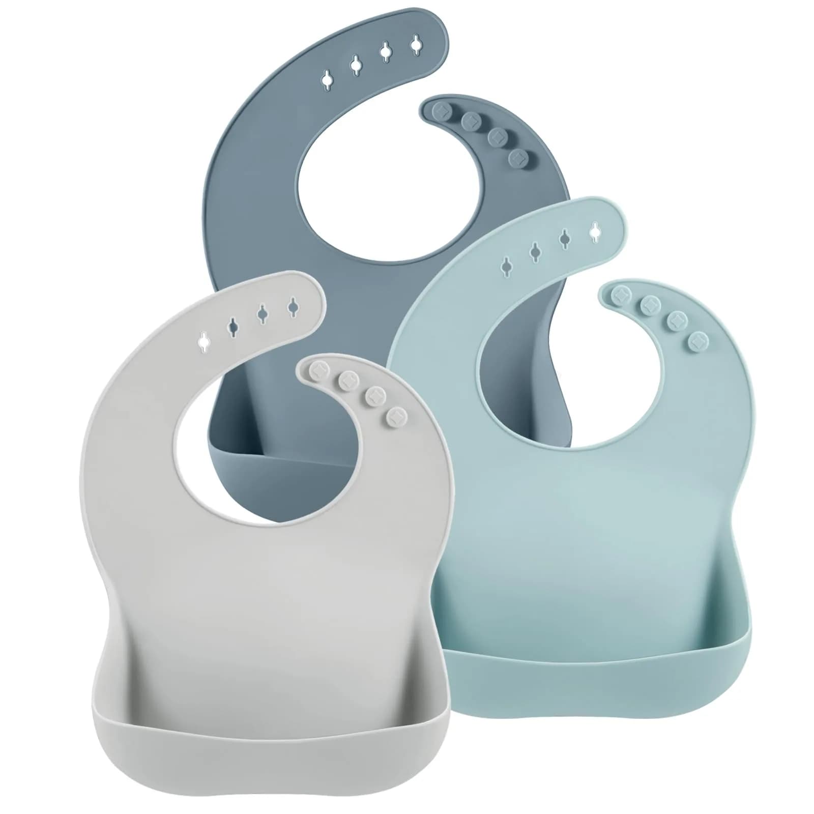 PandaEar Silicone Baby Bibs 3-Pack (25.6cm H x 11.4cm L x 8.5cm W) | Waterproof, Soft, Unisex, 10-72 Months — Blue & Gray