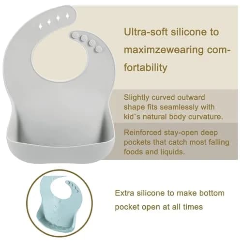PandaEar 3 Pack Silicone Bibs for Babies & Toddlers, Waterproof Feeding Bib with Large Food Catcher, BPA Free (Blue & Gray) thumbnail 6