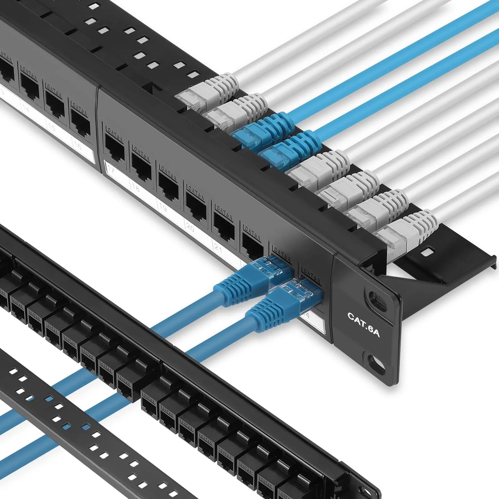 Rapink Patch Panel 24 Port Cat6A 10G Support | Toolless, Pass-Thru, Gold Pins, Removable Back Bar - main product image